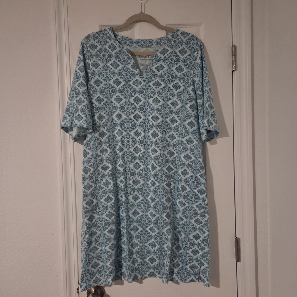 Hang Ten Aqua Geometric Sun Dress Womens Large Short Sleeve V-Neck Pockets L